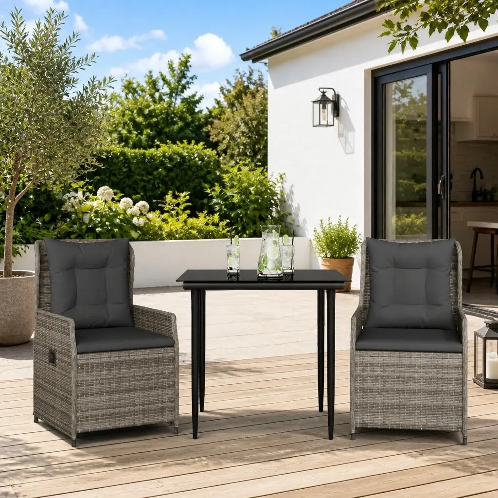 Garden Dining Set PE Rattan 3 Piece Grey Outdoor Furniture Patio Table Chairs