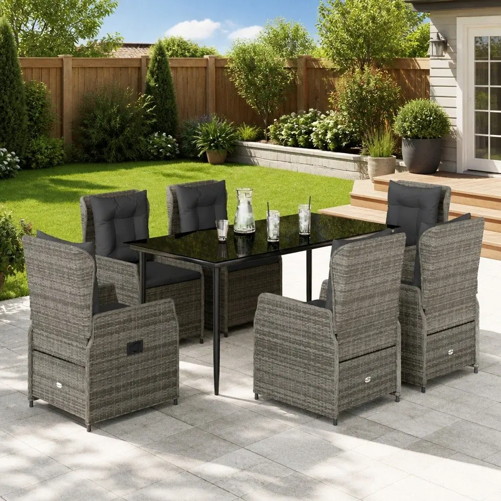 Garden Dining Set PE Rattan 7 Piece Grey Outdoor Furniture with Cushions