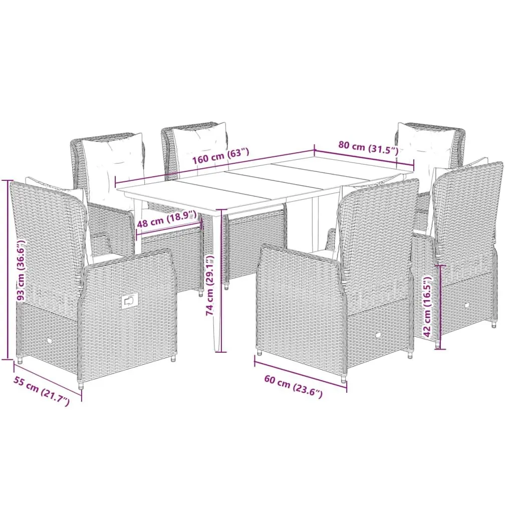 Garden Dining Set PE Rattan 7 Piece Grey Outdoor Furniture with Cushions