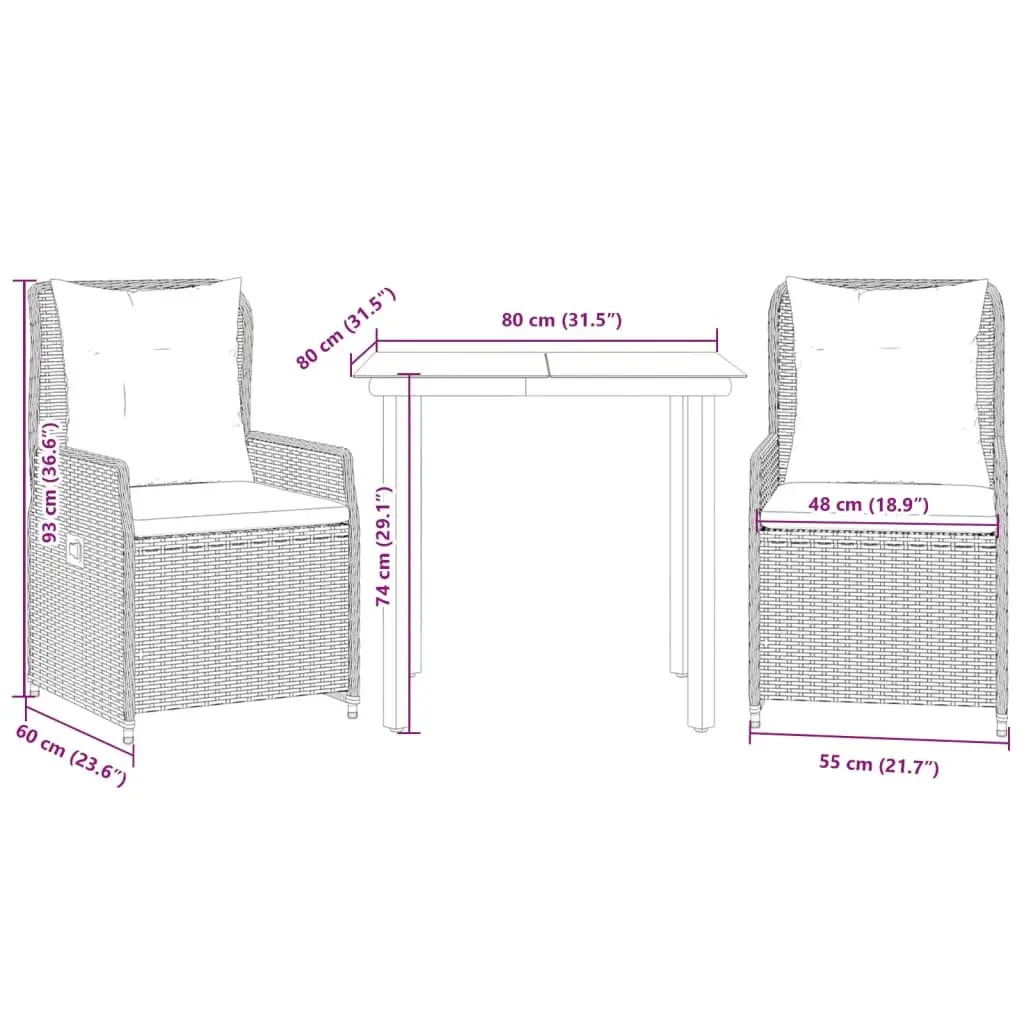 3-Piece Grey Outdoor Dining Set with Cushions
