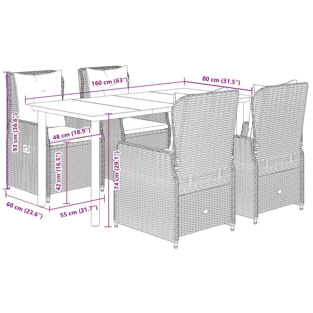 5 Piece Garden Dining Set Poly Rattan Grey with Cushions