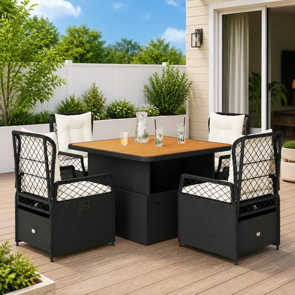 5 Piece Garden Dining Set PE Rattan Black Chairs Acacia Wood Table Outdoor Patio Furniture