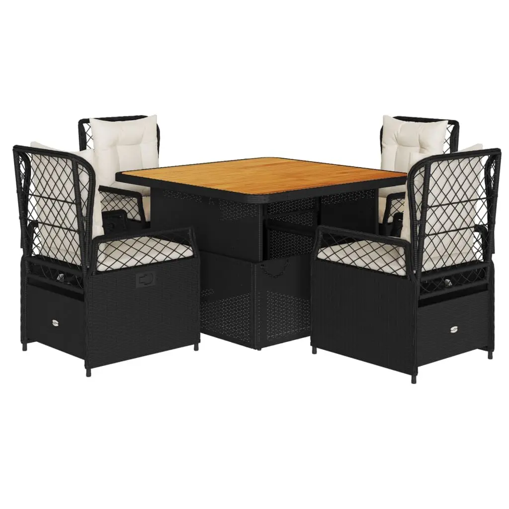 5 Piece Garden Dining Set PE Rattan Black Chairs Acacia Wood Table Outdoor Patio Furniture