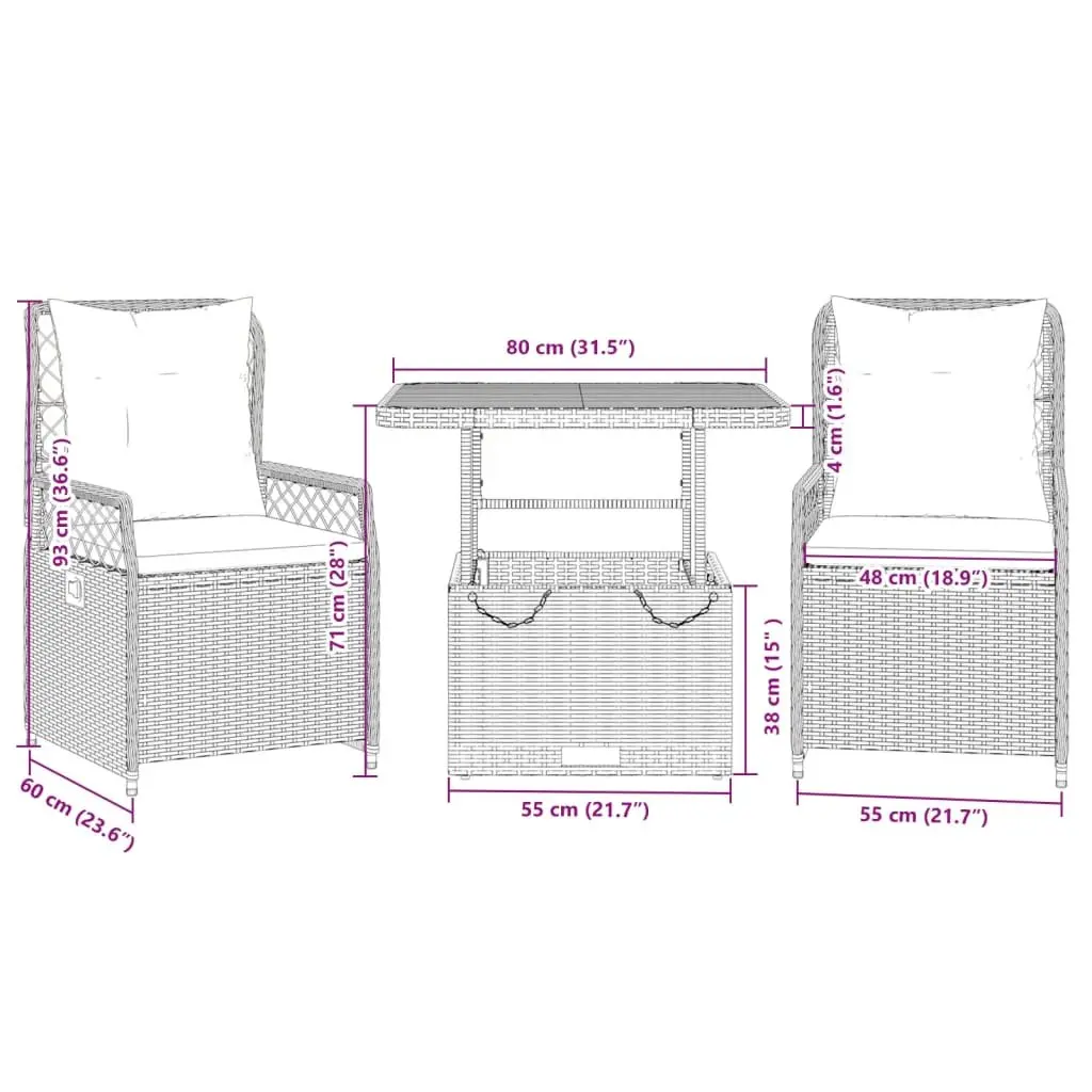 3 Piece Garden Dining Set PE Rattan Adjustable Backrest Grey