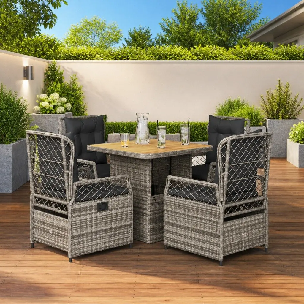 5-Piece Grey Poly Rattan Garden Dining Set with Cushions