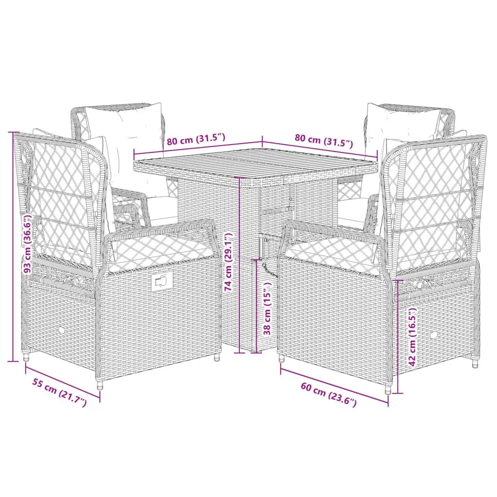 5-Piece Grey Poly Rattan Garden Dining Set with Cushions