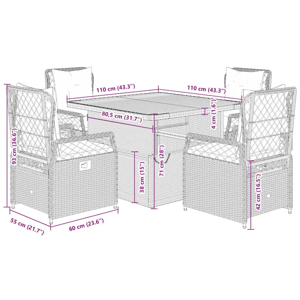 5 Piece Garden Dining Set PE Rattan Grey Outdoor Furniture