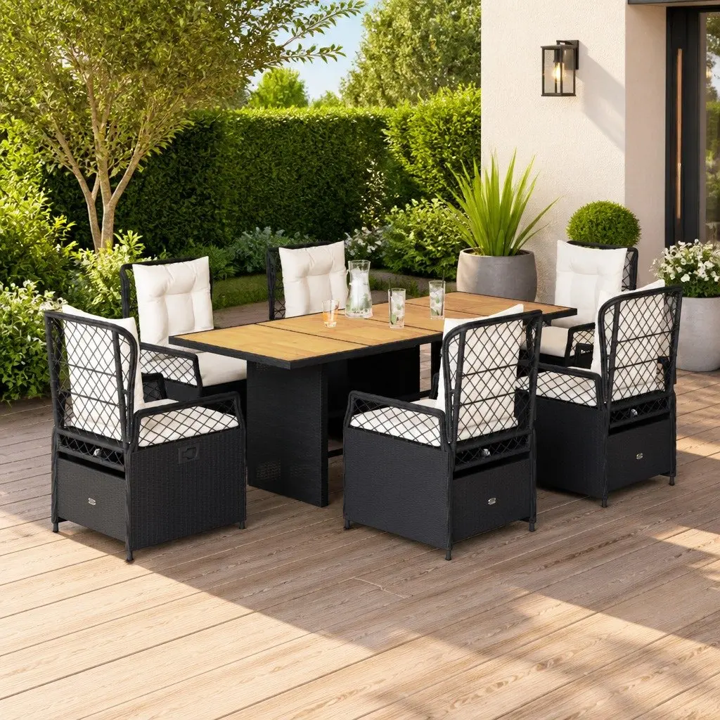 7 Piece Adjustable Black Poly Rattan Outdoor Dining Set
