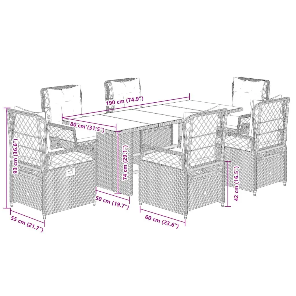 7 Piece Adjustable Black Poly Rattan Outdoor Dining Set