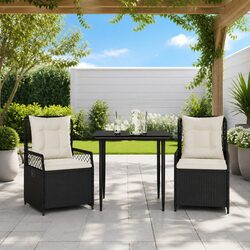 3 Piece Outdoor Dining Set with Cushions in Black Rattan