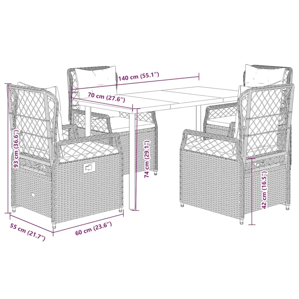5 Piece Garden Dining Set PE Rattan Chairs Table with Cushions Black