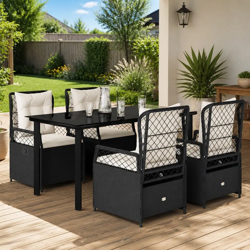 Garden Dining Set PE Rattan 5 Piece Black Outdoor Furniture with Cushions