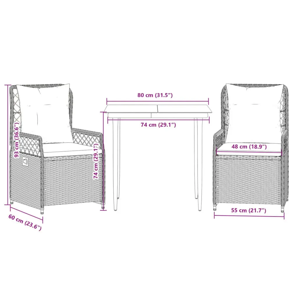 3 Piece Garden Dining Set in Grey Poly Rattan