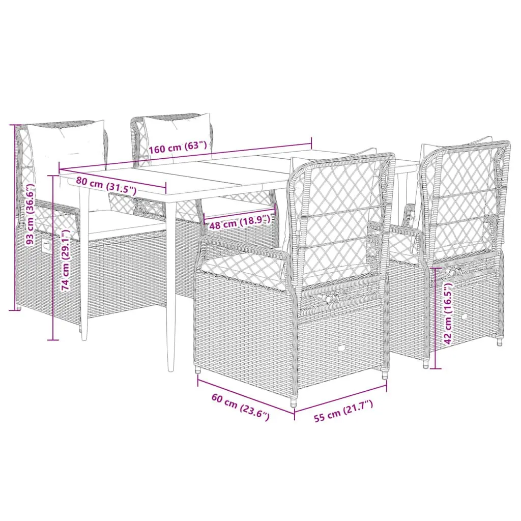 5-Piece Outdoor Garden Dining Set with Adjustable Backrest