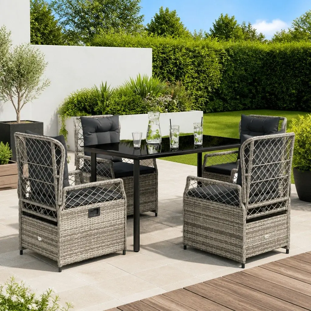 Garden Dining Set PE Rattan 5 Piece Grey with Cushions