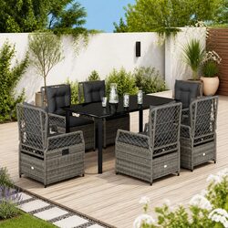 Durable 7 Piece Grey Rattan Garden Dining Set with Cushions