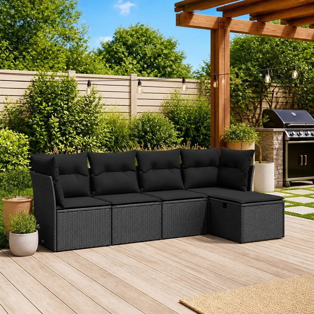 5 Piece Outdoor Sofa Set PE Rattan Black with Cushions