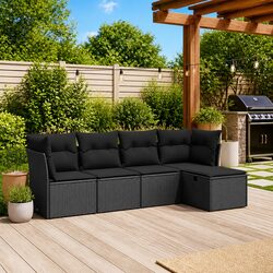 Durable 5 Piece Black Poly Rattan Garden Sofa Set
