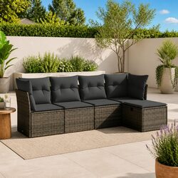 5-Piece Grey Poly Rattan Garden Sofa Set