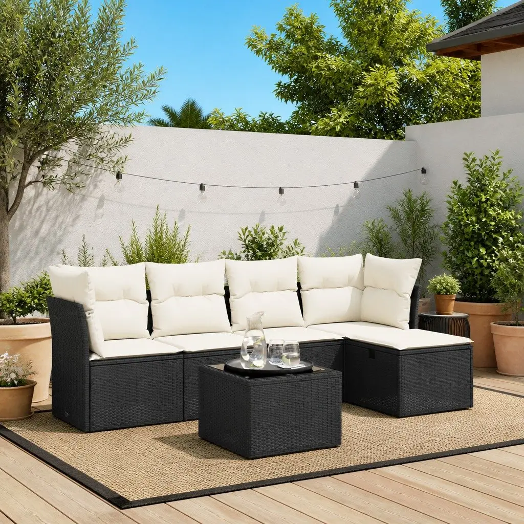 Garden Sofa Set Poly Rattan 6 Piece Outdoor Furniture Black with Glass Table