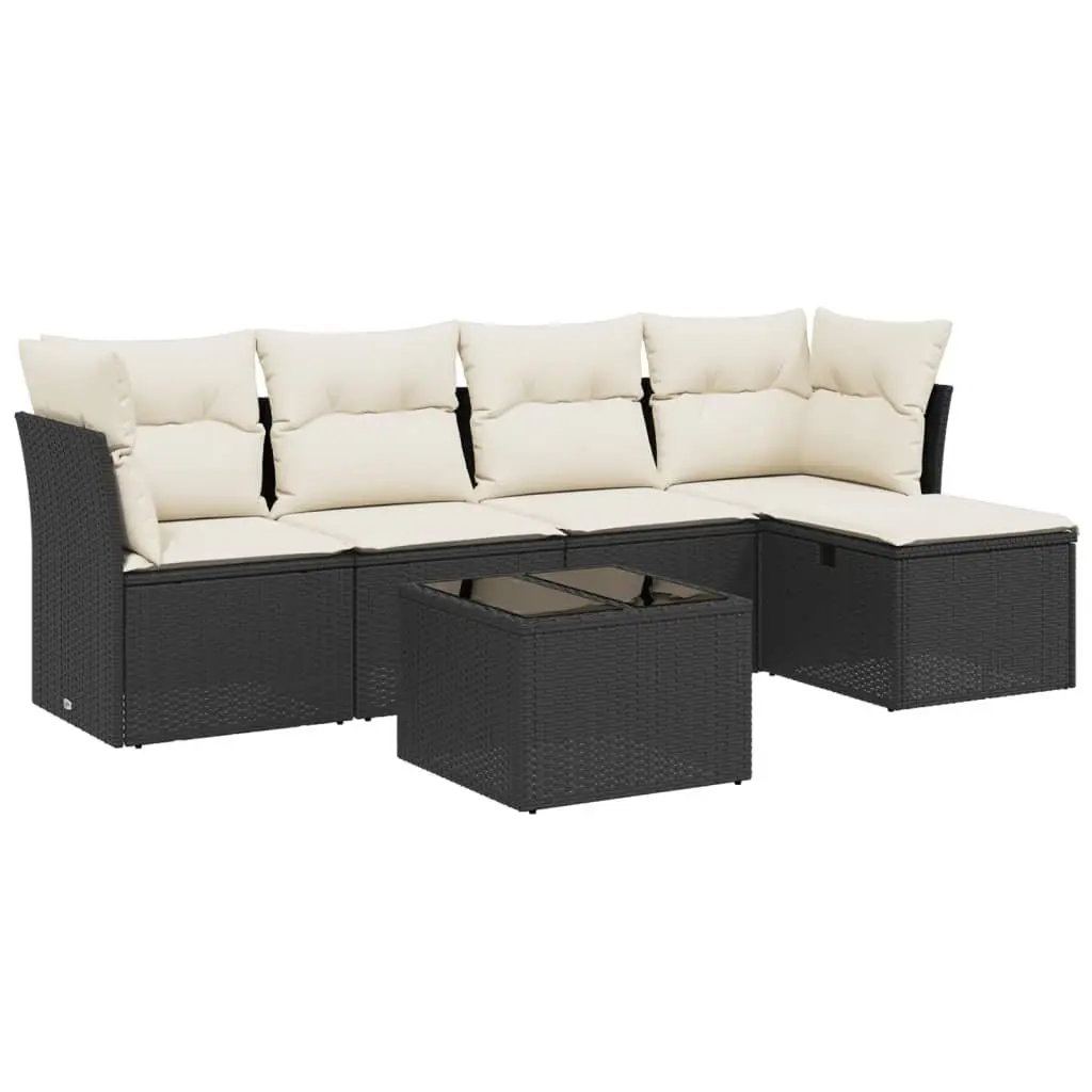 Garden Sofa Set Poly Rattan 6 Piece Outdoor Furniture Black with Glass Table