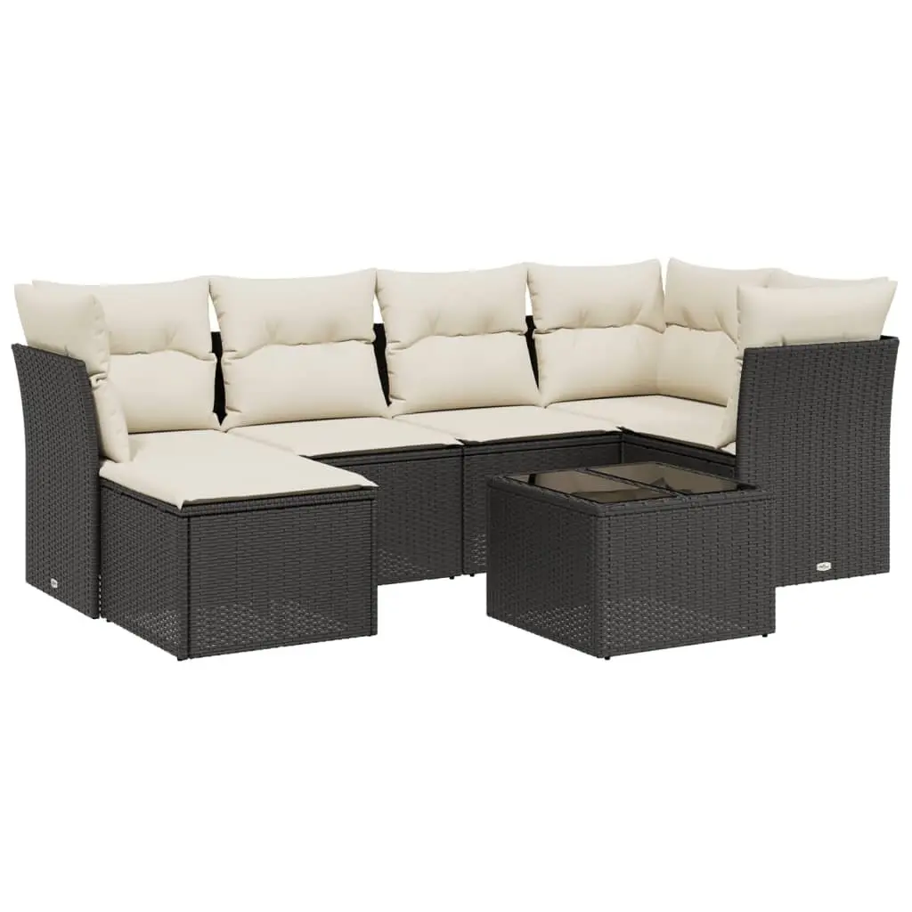 7 Piece Black Outdoor Sofa Set with Glass Top