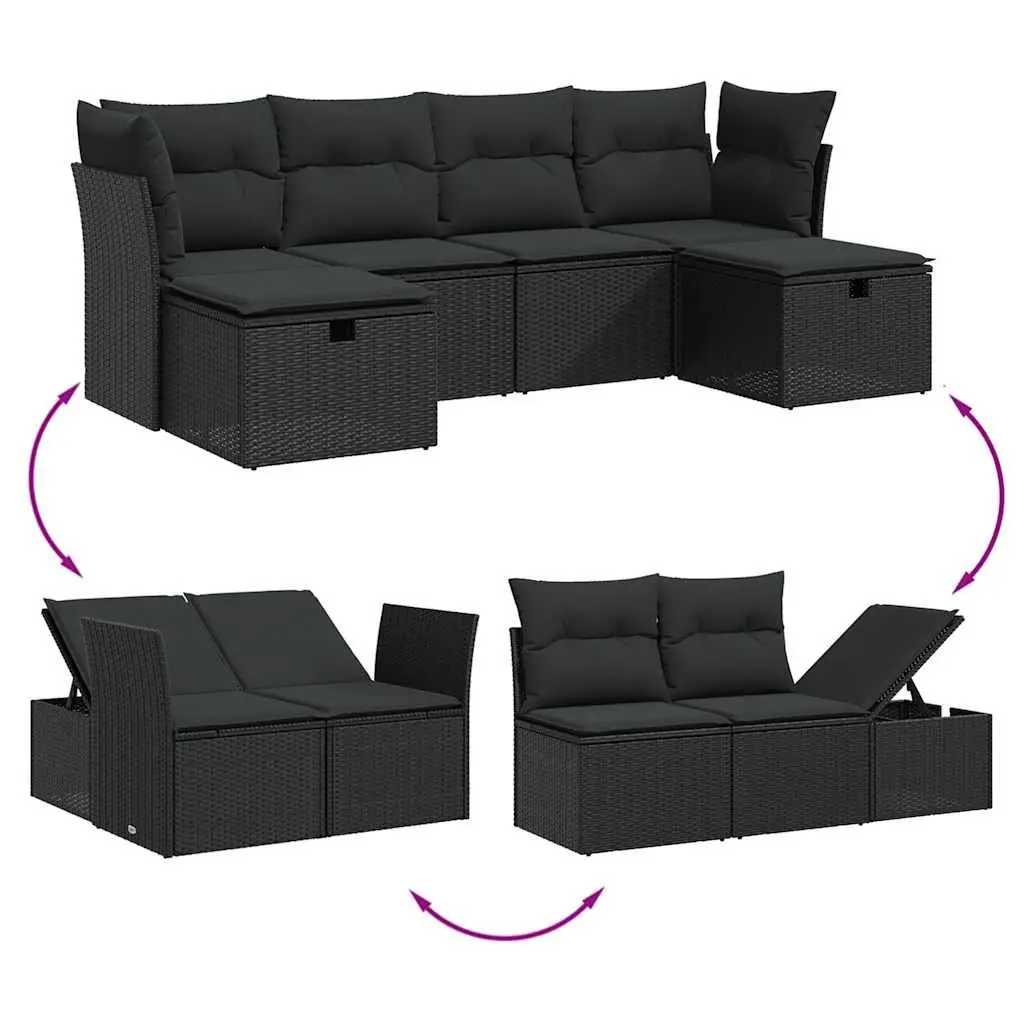 6 Piece Garden Sofa Set PE Rattan Modular Cushions Black
