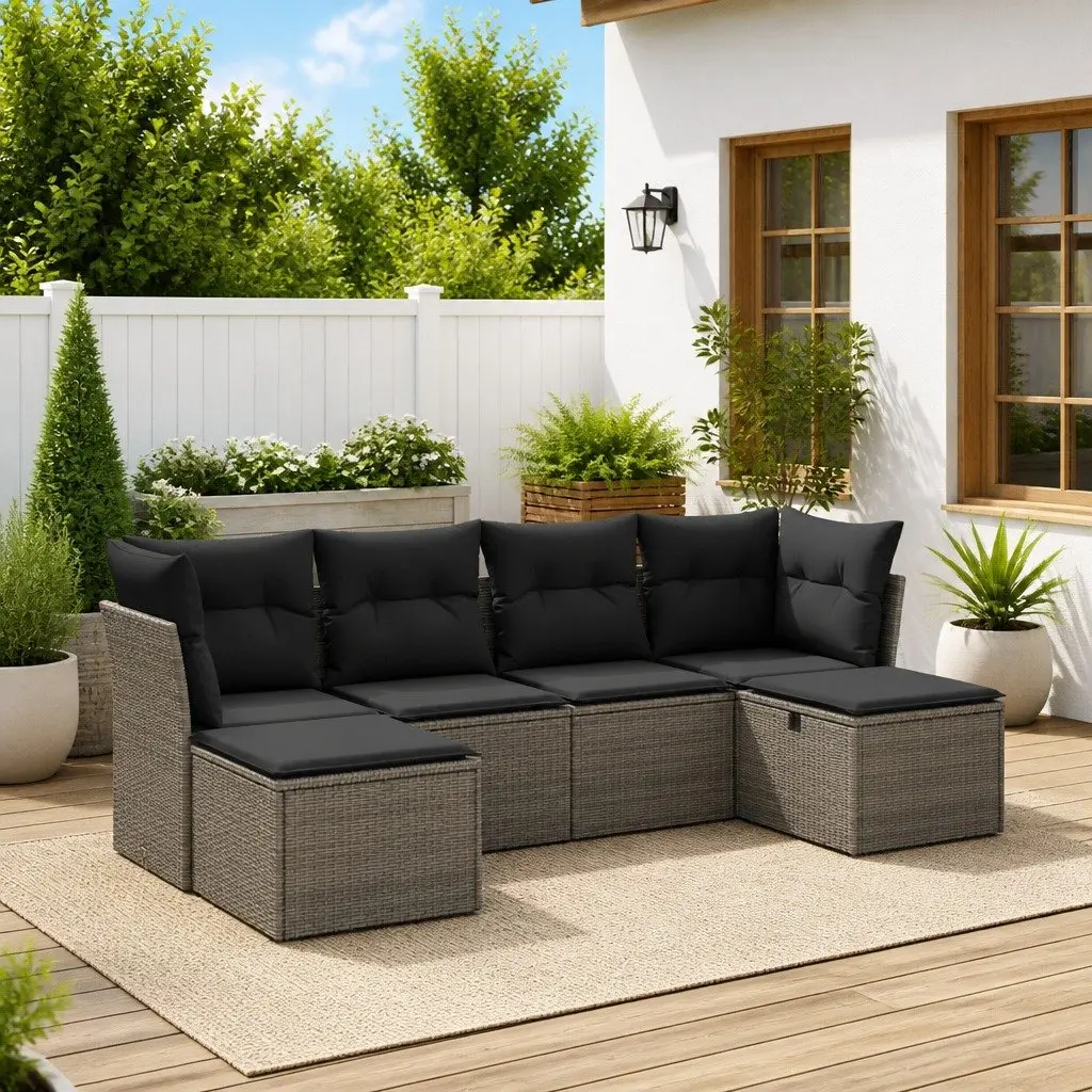 Grey Outdoor Garden Sofa Set 6 Piece Poly Rattan Modular Patio Furniture with
