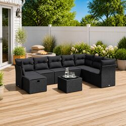 Durable 9 Piece Garden Sofa Set with Cushions - Black Rattan
