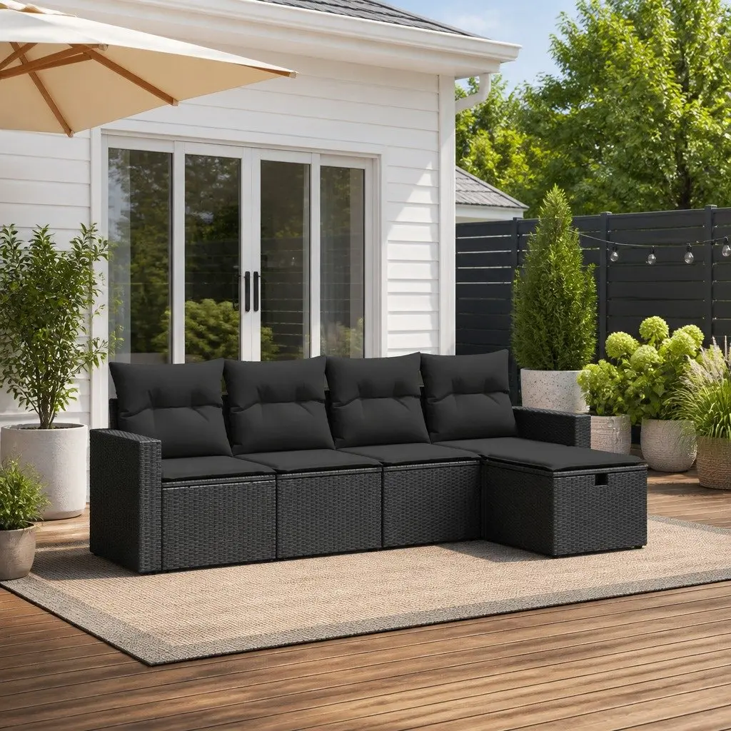 5 Piece Garden Sofa Set PE Rattan Modular Black Outdoor Furniture with Cushions