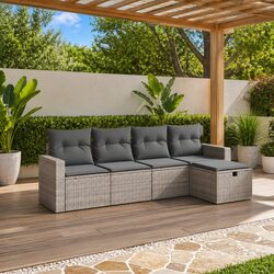 5 Piece Grey Poly Rattan Outdoor Sofa Set with Cushions
