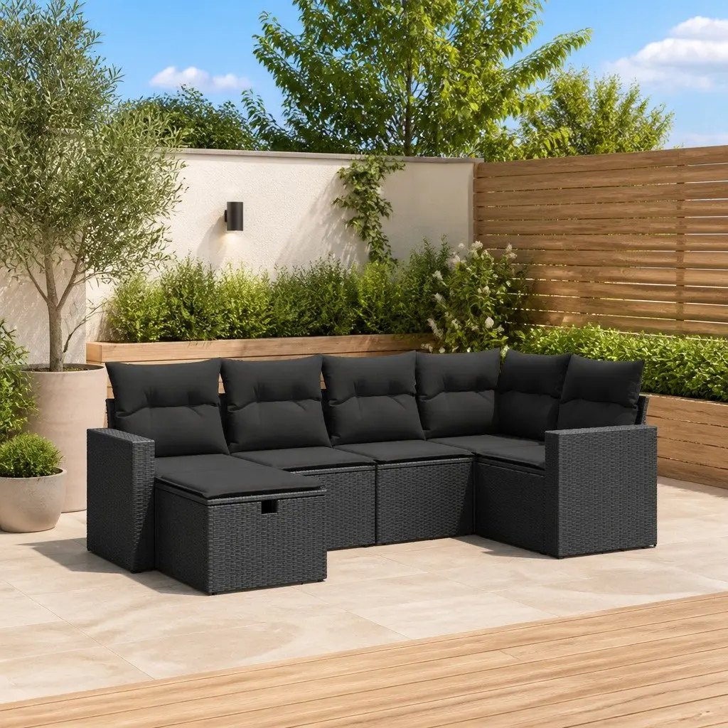 6 Piece Garden Sofa Set PE Rattan Steel Frame Black with Cushions