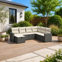 7-Piece Garden Sofa Set with Cushions - Black Poly Rattan