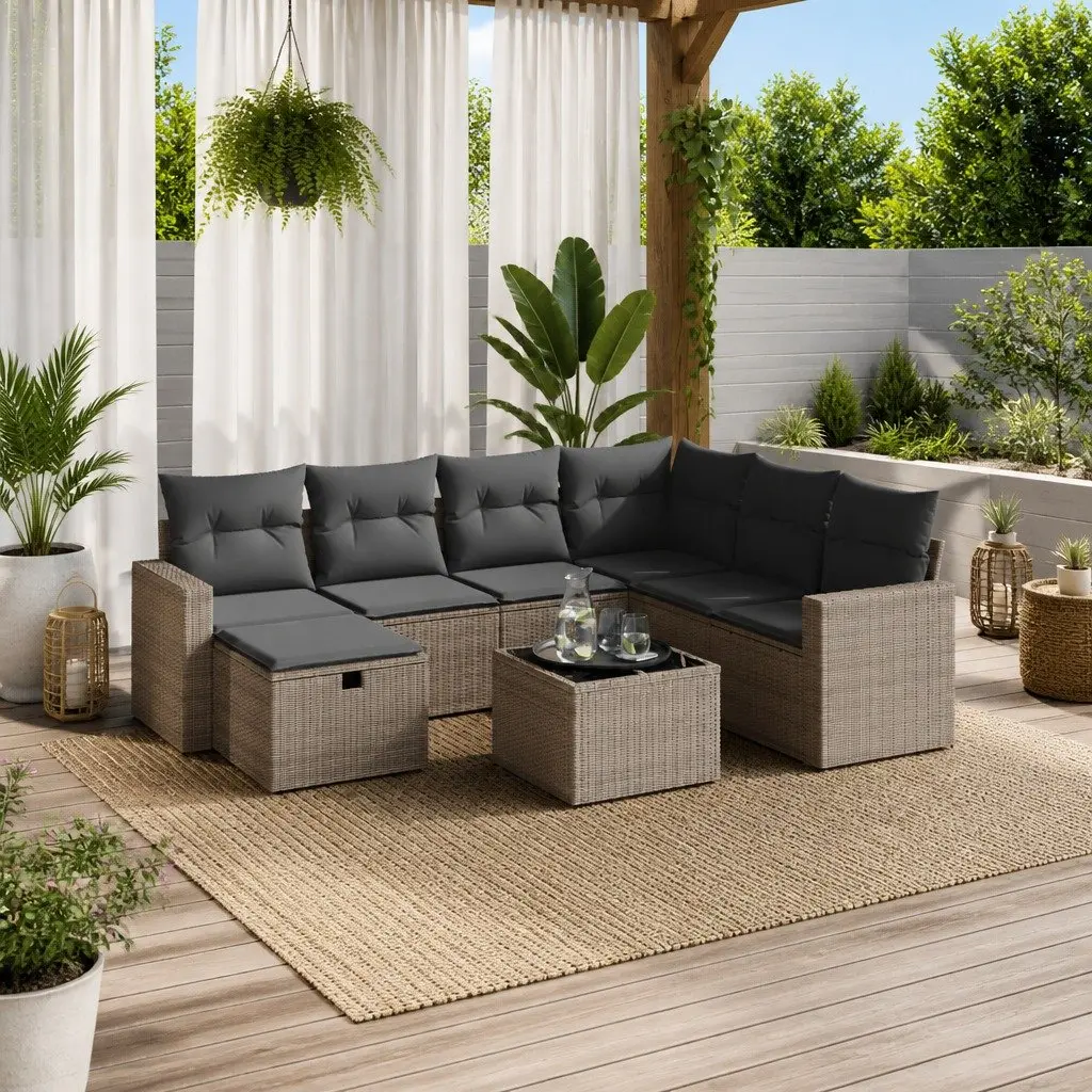 8-Piece Grey Poly Rattan Garden Sofa Set for Outdoors