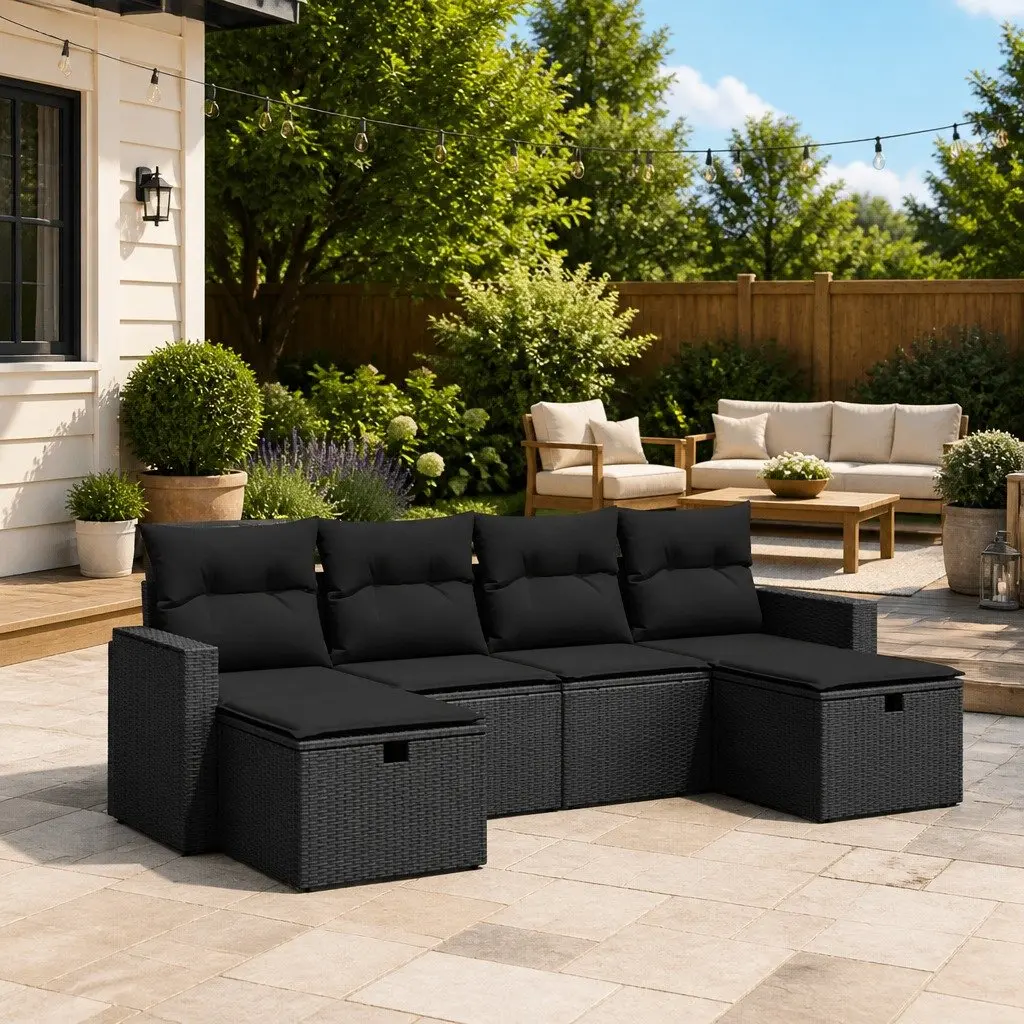 Garden Sofa Set PE Rattan 6 Piece Modular Outdoor Furniture Black