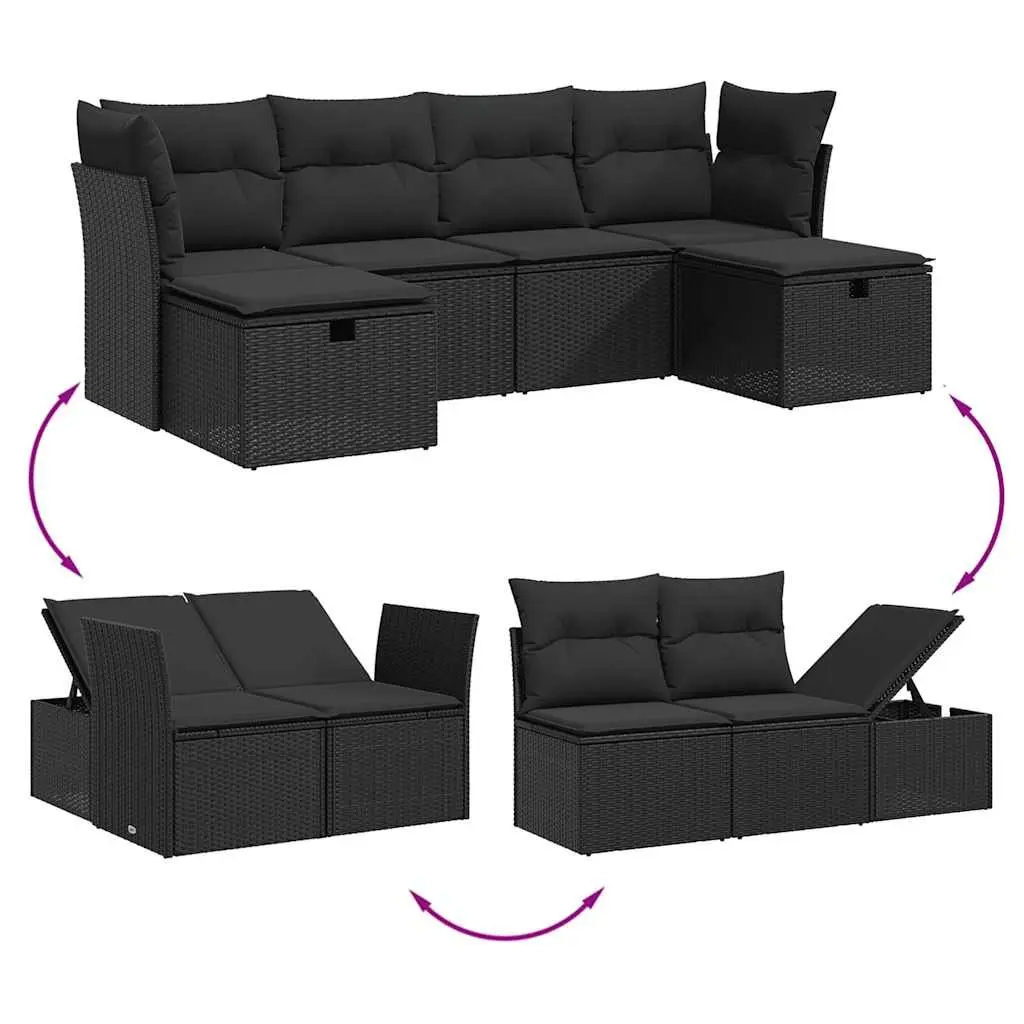 Garden Sofa Set PE Rattan 6 Piece Modular Outdoor Furniture Black