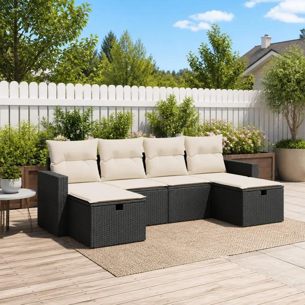 6 Piece Black Garden Sofa Set with Cushions