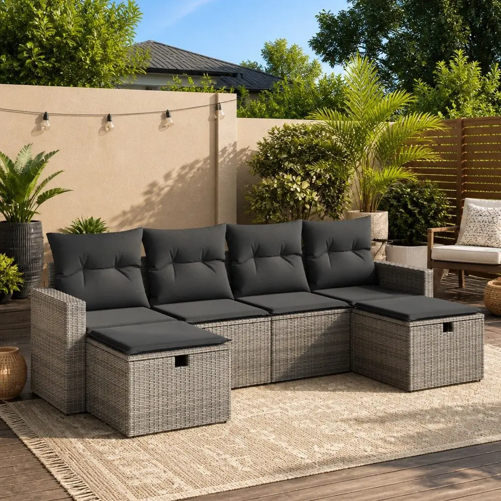 6 Piece Garden Sofa Set PE Rattan Steel Grey Outdoor Furniture