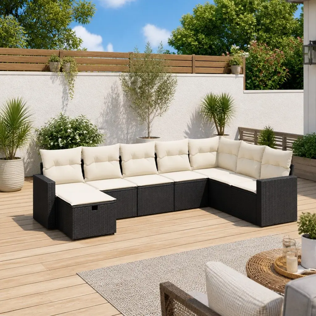 8 Piece Outdoor Garden Sofa Set Poly Rattan Black Cushions