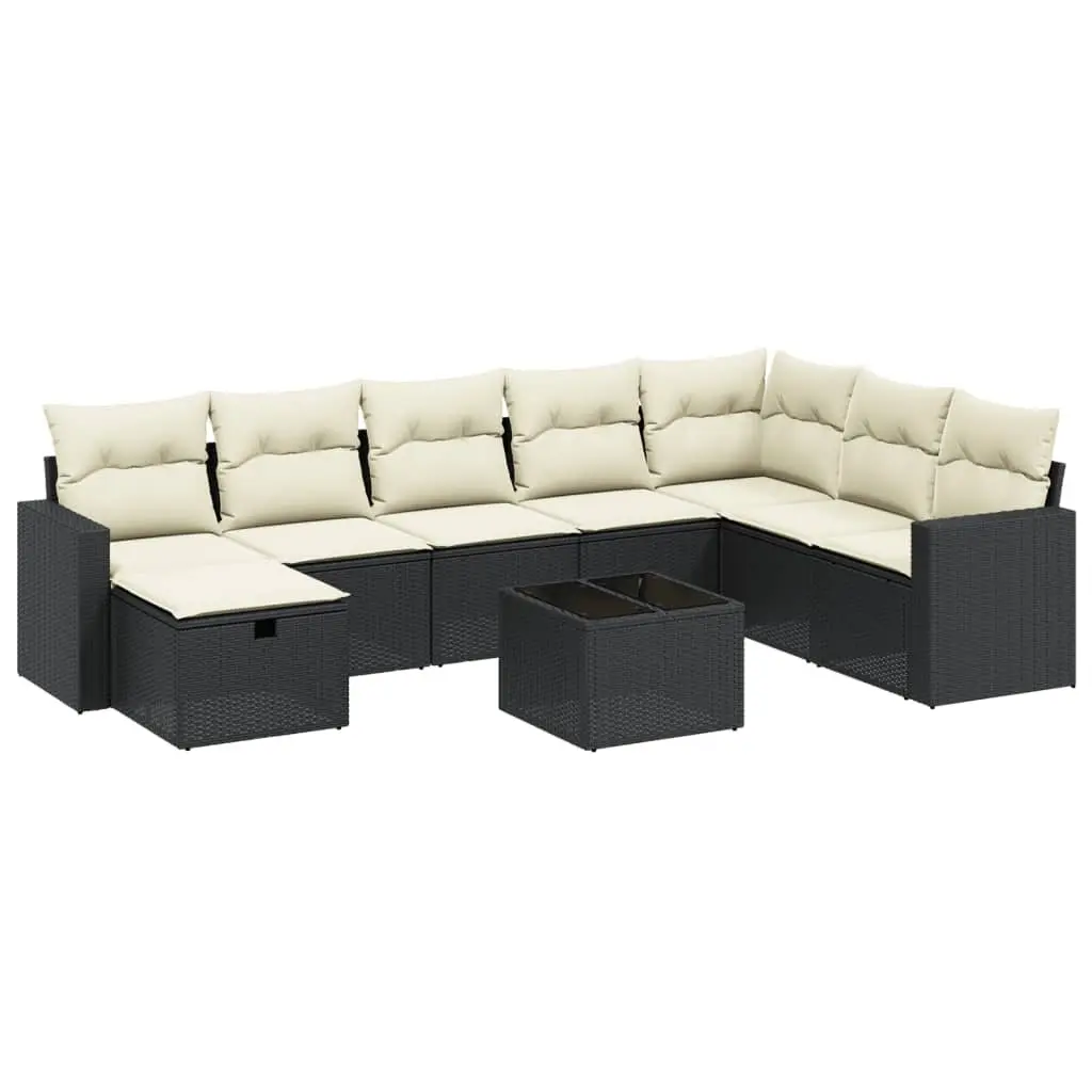 9 Piece Garden Sofa Set PE Rattan Black Powder Coated Steel Cushions Tempered Glass