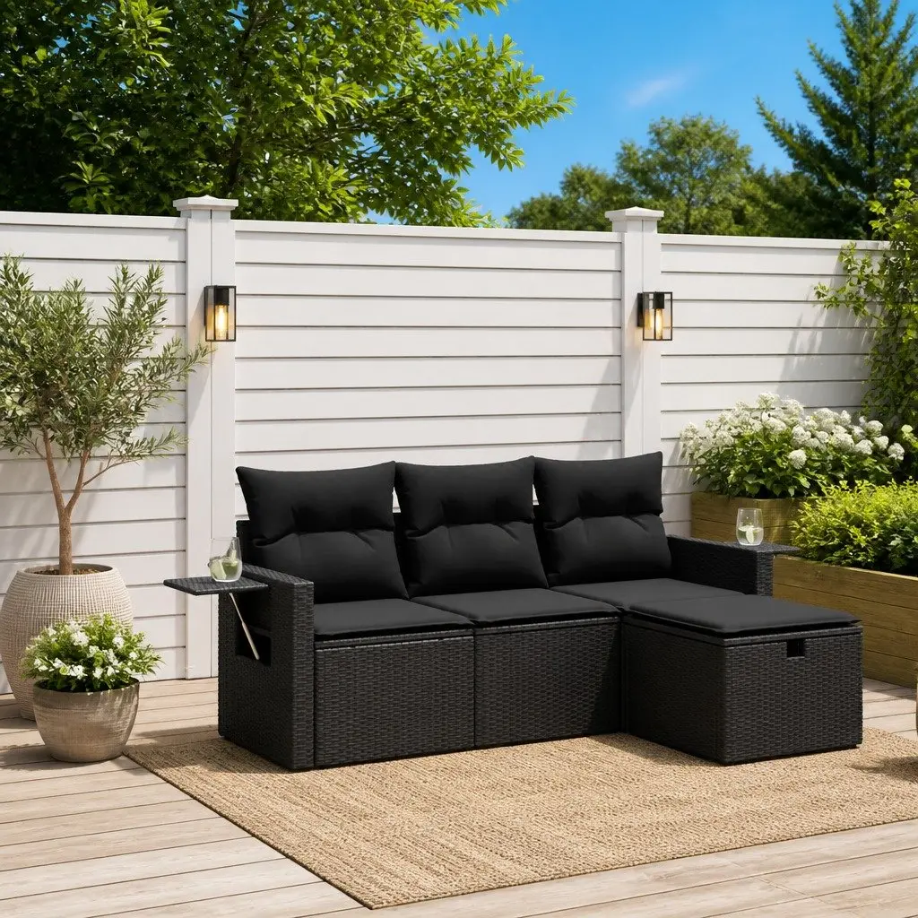 4 Piece Modular Black Poly Rattan Garden Sofa Set