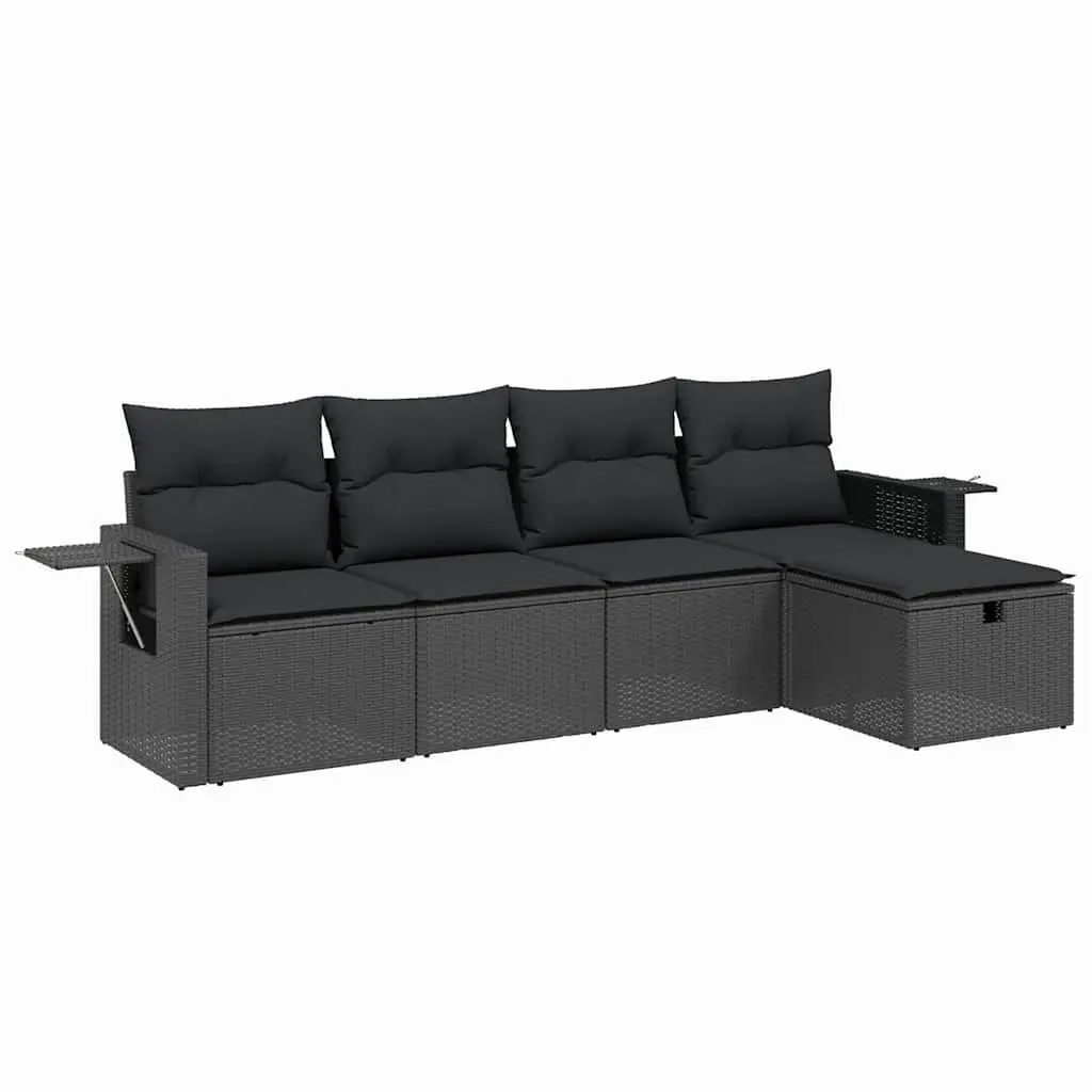 5 Piece Garden Sofa Set PE Rattan Powder-coated Steel Modular Outdoor Furniture Black Cushions