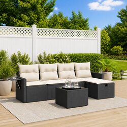 6-Piece Black Poly Rattan Garden Sofa Set with Cushions