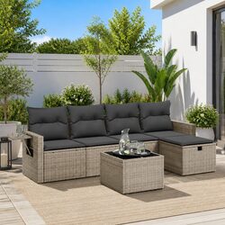 6-Piece Grey Poly Rattan Garden Sofa Set with Cushions