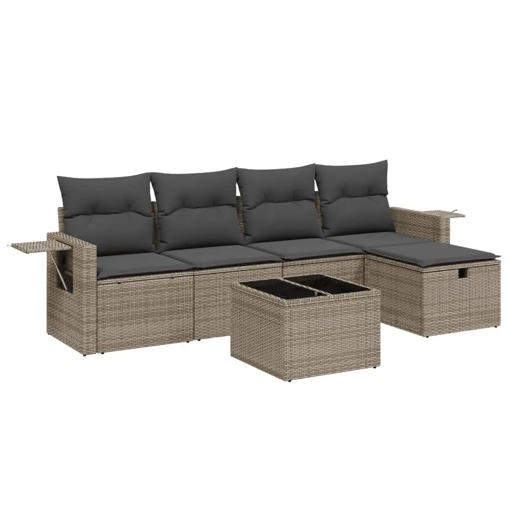 6-Piece Grey Poly Rattan Garden Sofa Set with Cushions