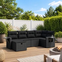 Modular 6-Piece Black Garden Sofa Set with Cushions