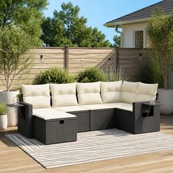 Black Poly Rattan Outdoor Sofa Set with Cushions - 6 Pieces