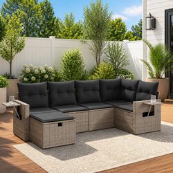 Durable 6 Piece Grey Poly Rattan Garden Sofa Set