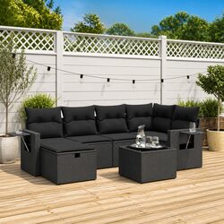 7-Piece Black Poly Rattan Garden Sofa Set for Outdoor Use