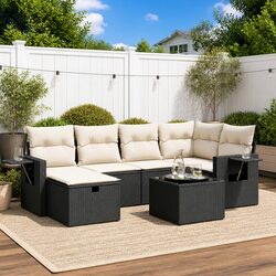 7 Piece Modular Outdoor Sofa Set in Black Poly Rattan